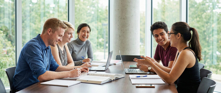 Young Adults Studying and Discussing in Campus Study Room