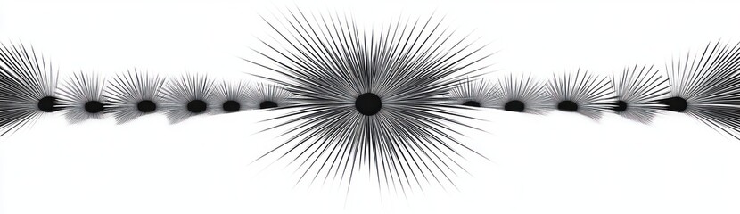 Obraz premium row of black radial spiky bursts on white background with a large central starburst evoking rhythm and tension