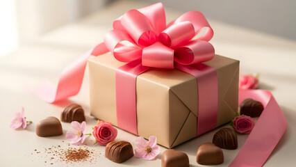Valentine's day gift ideas pink wrapped present with chocolates and ribbons