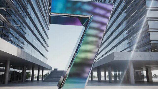 Reflective number 7 near modern buildings, with blurred city backdrop and subtle lighting