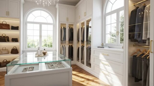 Luxury White Walk-in Closet Interior with Elegant Wardrobe, Glass Display Island, and Abundant Natural Light, Ideal for Organizing High-End Fashion