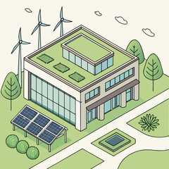 Modern flat vector illustration of an eco-technology development center, showcasing innovation and sustainable architecture.