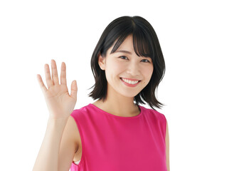 A woman in a pink shirt waves her hand isolated on transparent background
