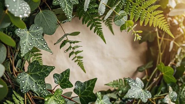 Fern, ivy, and eucalyptus leaves arranged around a light background, adorned with dewdrops on foliage