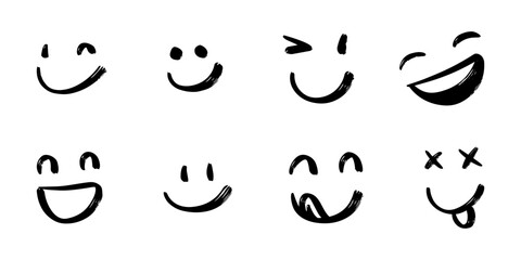 Hand drawn brush stroke smiley faces set. Collection of simple ink drawing emoticons icons.