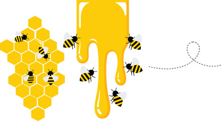 Honey bees working on golden honeycomb with dripping organic honey nectar representing natural sweetness beekeeping apiary production healthy organic food and pollination environmental ecosystem © Itz Majbahuil Here