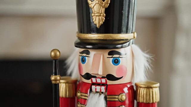 A close-up view of a detailed wooden toy soldier in a red uniform, with a staff