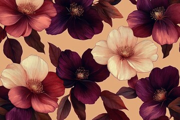 Fototapeta premium large burgundy and cream blossoms with dark leaves on a warm peach background conveying elegant romantic mood