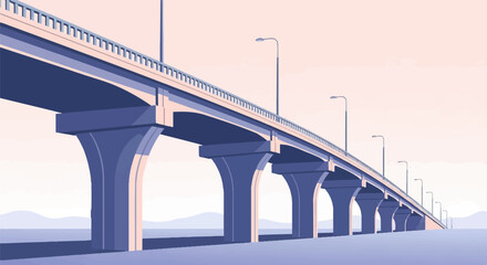 An elevated highway with multiple pillars stretches across a pale, hazy sky
