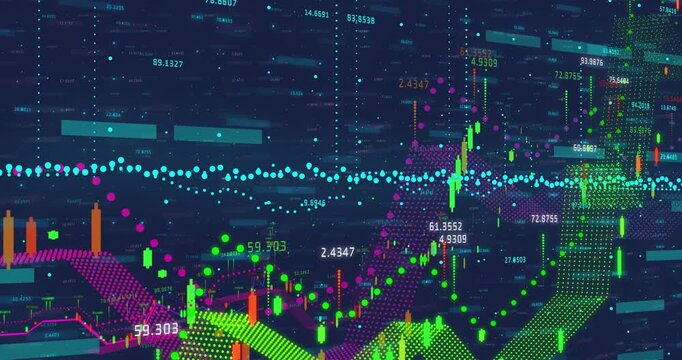 Timeline advancing, data chart building, showing cyan baseline, bars, meshes for market analysis