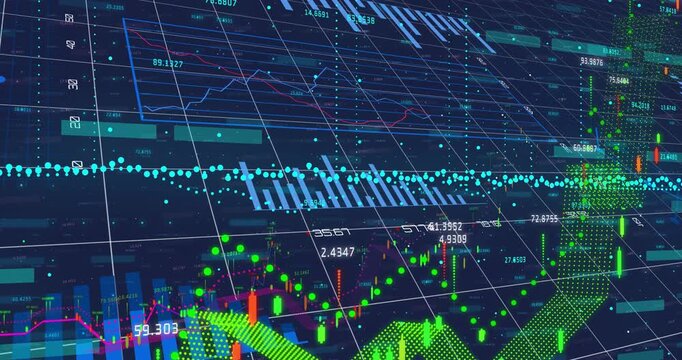 Animated dashboard starting with cyan baseline appearing, green mesh rising, showing market trends