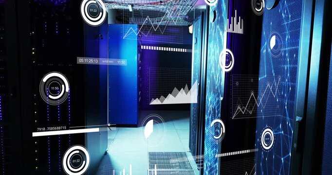 On system poll server aisle showing HUD overlays gauges filling graphs rising showing data flow