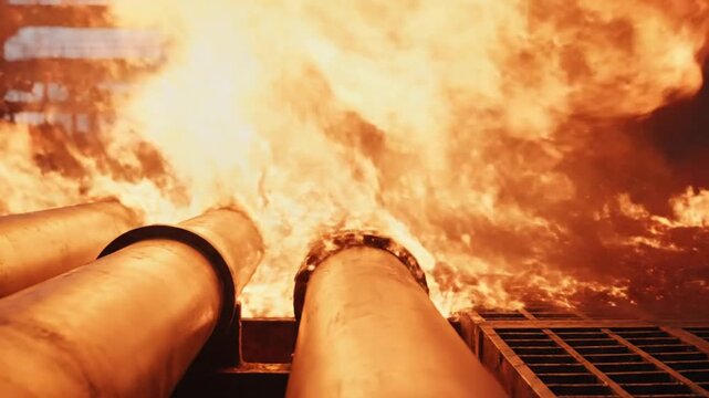 Industrial scene with fiery flames rising from metal pipes, set in a factory. Overcast, daylight