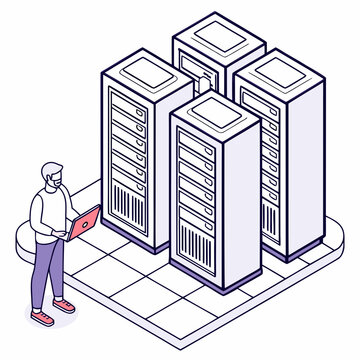 Minimalist isometric illustration of a high-performance computing cluster, powerful servers and data center technology.