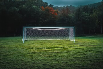 Fototapeta premium Lonely soccer goal on a quiet green field at dusk with a glowing net, dark tree line and a splash of autumn color evoking calm and solitude