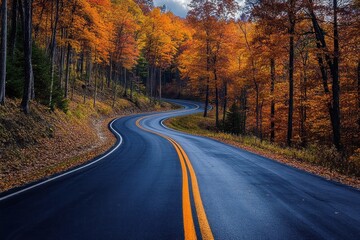 Obraz premium Winding asphalt road with bright double yellow lines through an orange autumn forest, wet reflective surface, peaceful and inviting mood