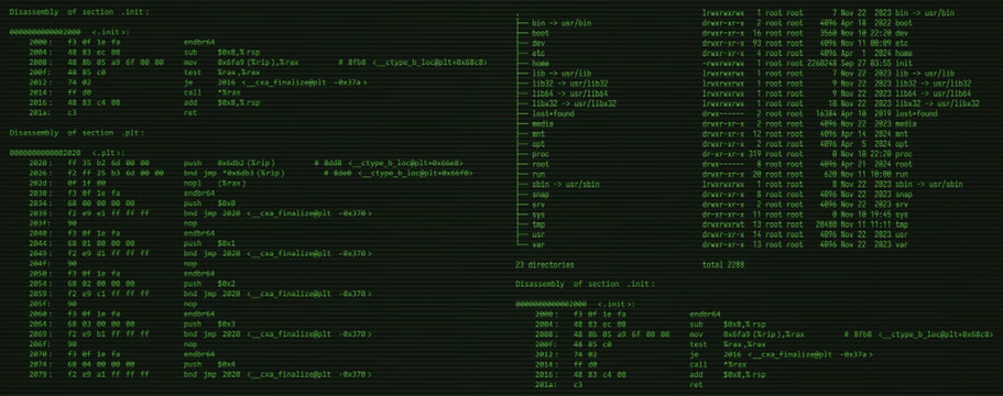 Hacker Screen. Unix Command Line Interface CLI Screen with Streaming Source Code and System Processes. Cyber Security and System Programming Vector Illustration.