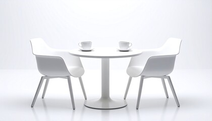 A stark white, minimalist scene. Two sleek chairs and a small round table, perfectly placed with two cups, against a bright white background