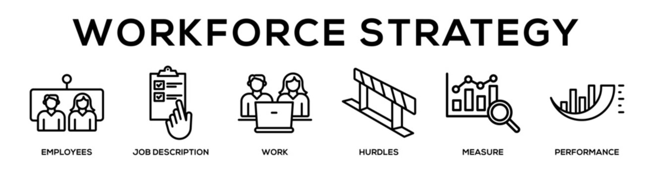Workforce Strategy web banner icon vector illustration concept for business with icon of Employees, Job description, Work, Hurdles, Measure,.
