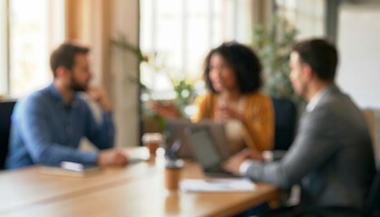 Blurred image of a business meeting with three people engaging in discussion around a table. A laptop and coffee cups are visible, creating a collaborative atmosphere.