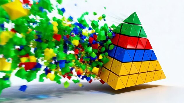 Colorful geometric pyramid blocks flying apart with dynamic motion
