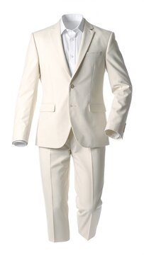 A cream-colored men's suit, comprised of a jacket, dress pants, and a white collared shirt, isolated on a white background