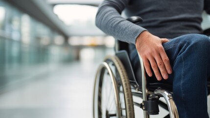 Obraz premium Man seated in wheelchair inside modern public space during daytime with natural light coming through windows