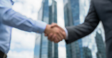 Two individuals shake hands in front of modern skyscrapers. The image is blurred, creating a sense of movement and focus on the interaction between them.