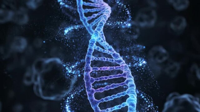 Rendering of a double helix DNA molecule amidst dark space with blue sparkling particles
