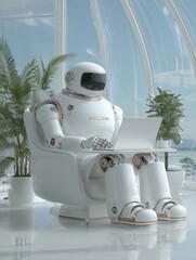 A robotic figure sits at a desk with a laptop, complemented by plants and a blue sky view.