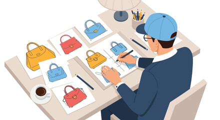 Fashion Designer Sketching Handbag Designs at a Desk.