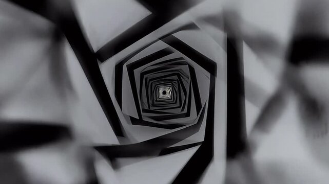 Black and white geometric spiral with triangles and squares
