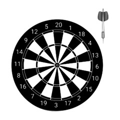 Black and white dartboard with numbered segments and dart icon. Minimal sport target illustration isolated on white background, symbol of aim, accuracy, competition and success.