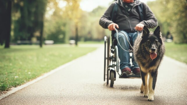 Wheelchair user walks dog in accessible park on a sunny day among trees and pathways