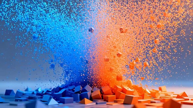 Abstract 3D blocks explosion with orange blue cubes and scattered fragments