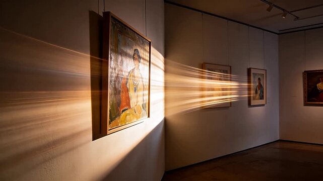 Art gallery corridor with paintings on white walls and track lighting