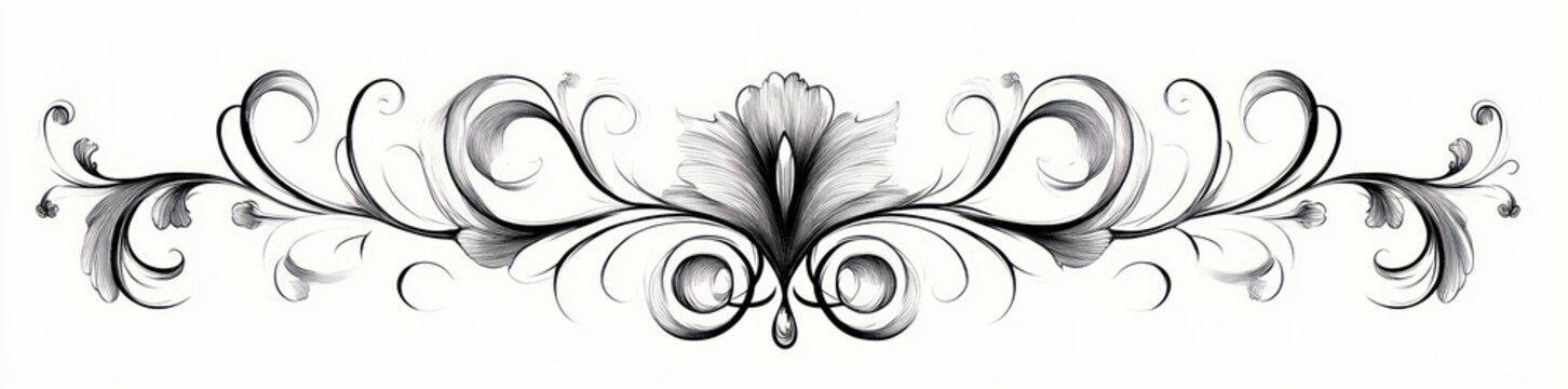 symmetrical black and white ornamental floral flourish with central stylized flower, mirrored swirling scrolls and delicate curling leaves, elegant and graceful