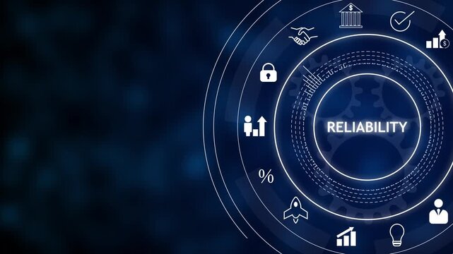 Futuristic blue digital interface with circular HUD showing word reliability and surrounding business icons like lock, charts, handshake, bank, rocket and user symbols.