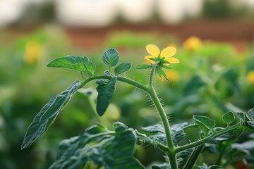 Obraz premium Close-up of a green tomato plant with small yellow flower on a hairy stem, soft warm light and blurred garden background conveying peaceful growth