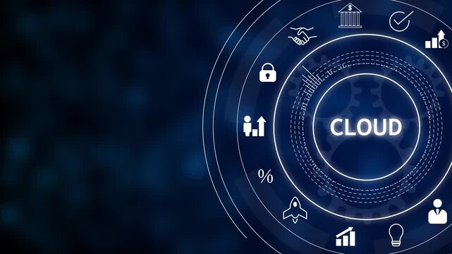 Abstract cloud computing interface on dark blue background with circular hud, cloud icon and word cloud, surrounded by security, analytics, finance and collaboration icons.