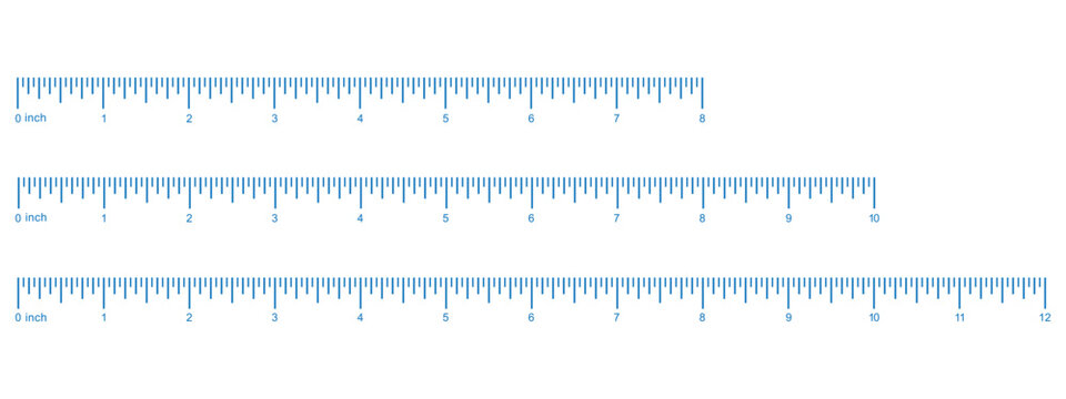 Measuring chart 8,10,14 inches. Set of ruler scales twelve, fourteen. Sewing tool icons. Length measurement math, distance, height
