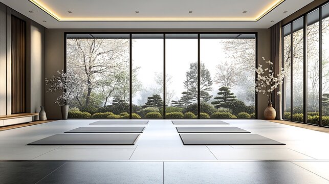 An expansive, well-lit modern room with exercise mats faces a serene garden vista through large windows, ideal for relaxation