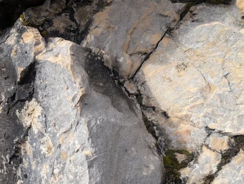 Dettaglio ravvicinato di una superficie rocciosa con fratture naturali, texture irregolare e variazioni cromatiche tra beige e grigio