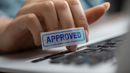 Hand stamping approved on a document with a blue stamp at a desk during office hours