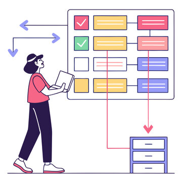 Clean vector illustration depicting instruction scheduling, highlighting the logical flow and optimization of tasks for efficient computer processing, abstract technology concept