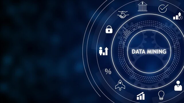 Futuristic blue data mining interface with circular hud and business icons, big copy space on left.