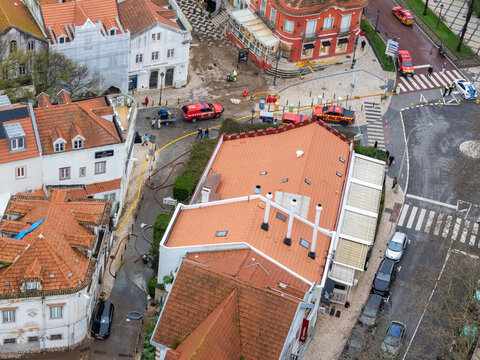 Aerial view of emergency workers at the historic centre of Cascais, Portugal following heavy rains and flooding