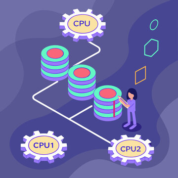Conceptual vector graphic representing multi-core processing, highlighting parallel computation and data exchange.
