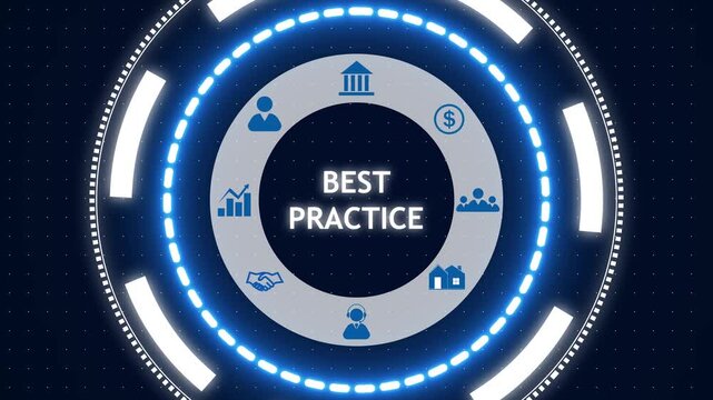 Circular futuristic infographic with 'best practice' text in center and blue icons around a ring on dark dotted background