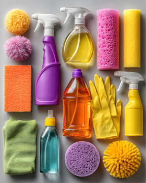 Assorted cleaning supplies neatly arranged on a grey background, showcasing bright sponges, protective gloves, and colorful spray bottles. ideal for illustrating cleanliness, household chores, or jani